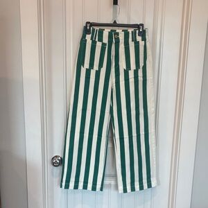 Green and White Vertical Stripe High-Waist Pants